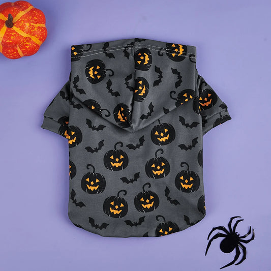 Dog hoodie with Halloween pumpkin and bat pattern, I YAN dog sweatshirt, cozy pet turtleneck, festive dog clothes.