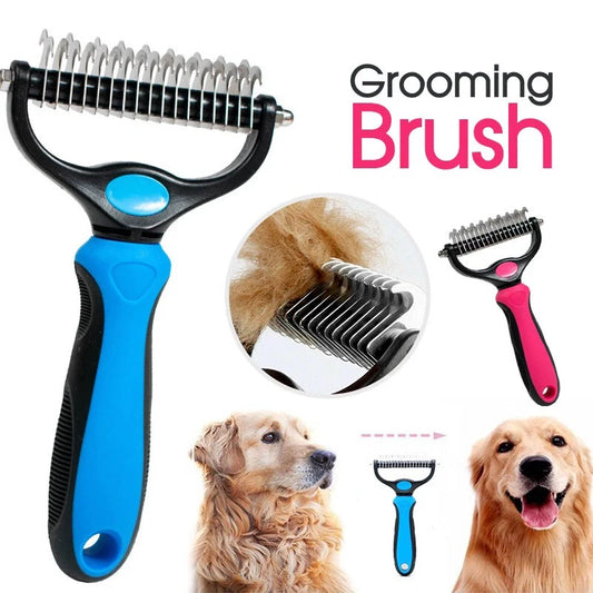 Two-sided pet deshedding brush by I YAN with stainless steel grooming comb for dogs and cats, showing the dual-sided design and bristles.