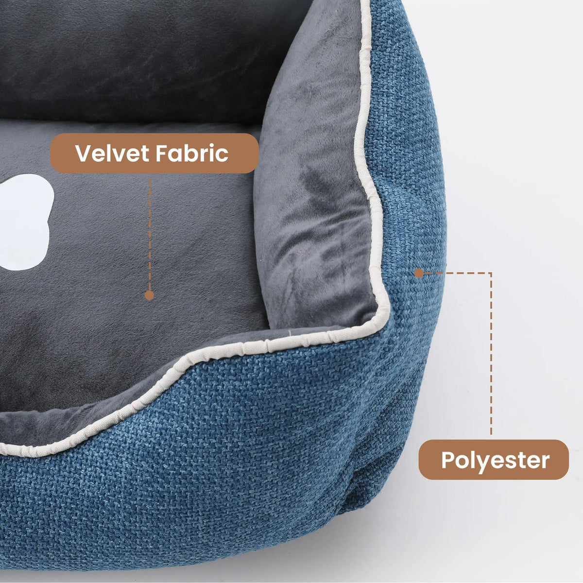 Blue small dog and cat bed with plush interior, anti-slip bottom, removable washable cover, ideal for indoor and outdoor use.