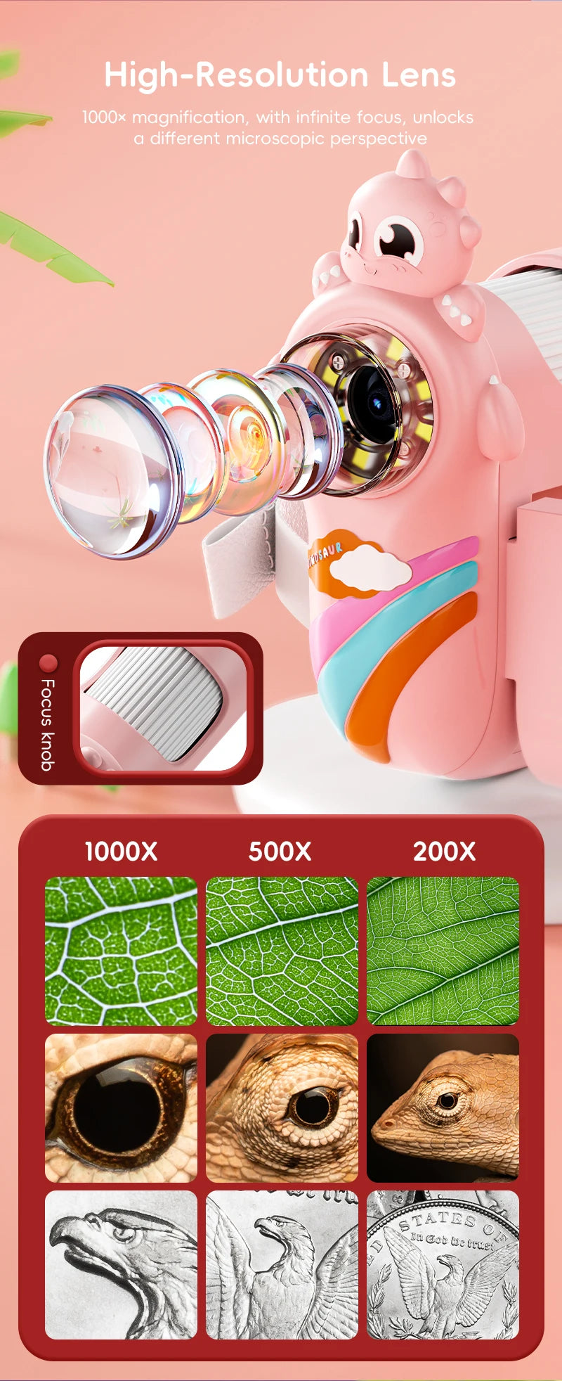 Kids Microscope 8 LED Light 1000x Magnifying Handheld Digital Microscope Adjustable Focus Telescope for Christmas Birthday Gift