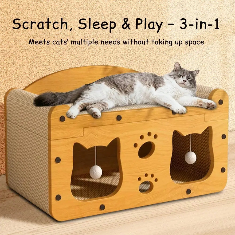 Double layer cat scratcher lounge by I YAN with cardboard hideaway and colorful pom pom toys for cats to scratch and play.