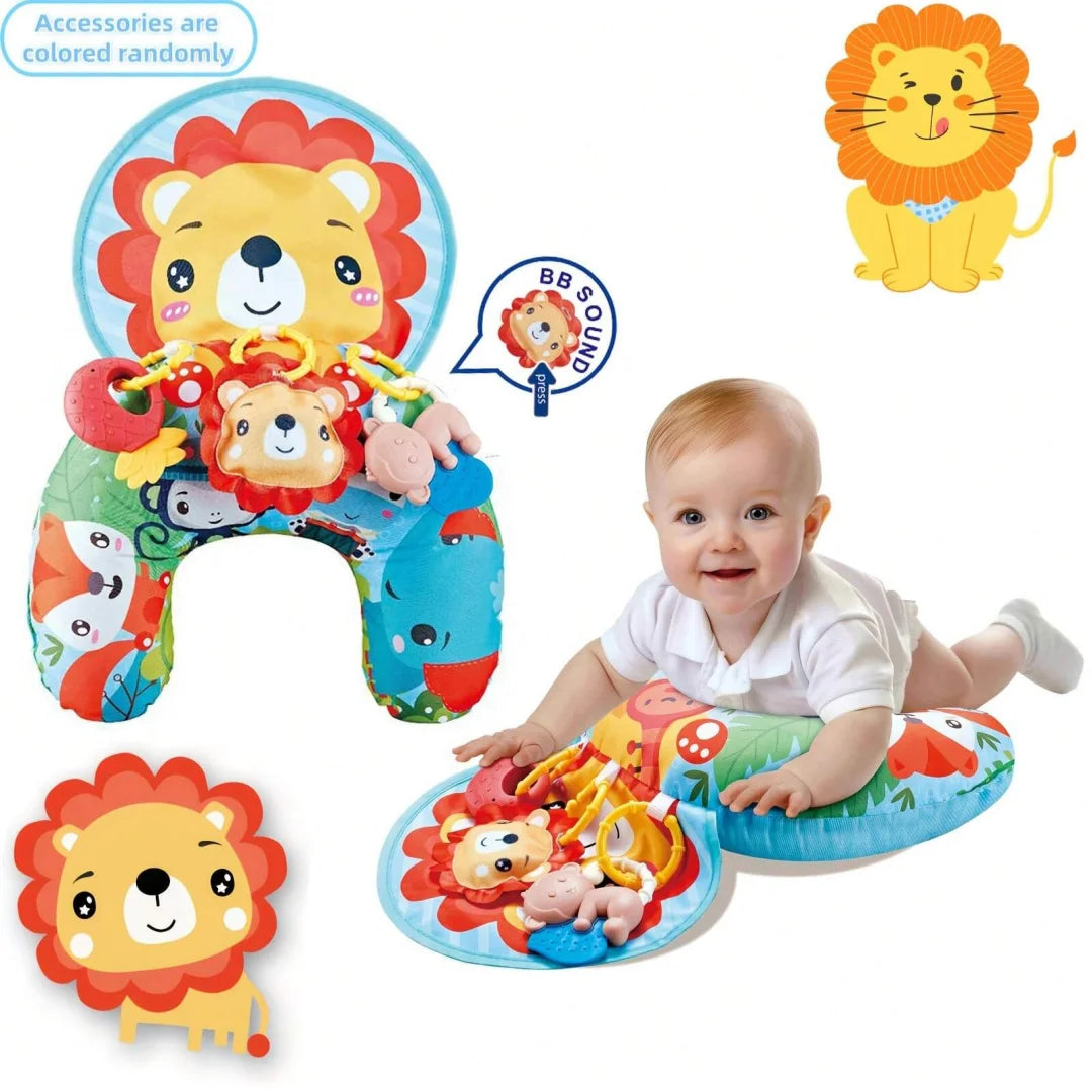 Colorful baby tummy time pillow with rattle toys and cartoon animal support, multifunctional crawling mat and play gym for infants by I YAN.