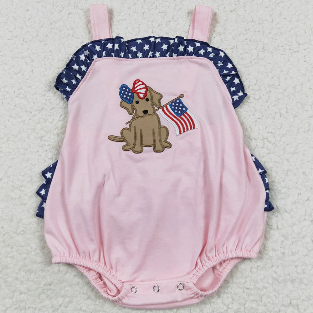 Pink 4th of July baby girl romper by I YAN featuring dog print, toddler girl bubbles bodysuit, perfect for patriotic summer outfits.