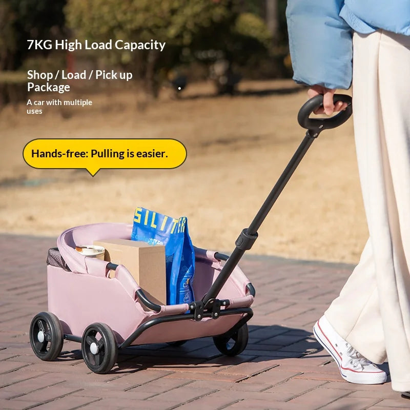 I YAN 4-wheel pet stroller with UV sun canopy, breathable mesh window, retractable handle for small dogs, cats, and puppies.