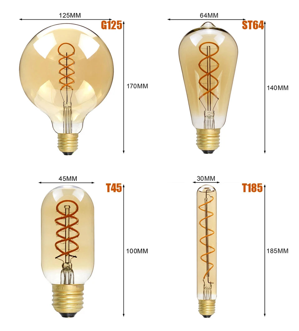 E27 LED Filament Light Bulb 220V 4W A60 ST64 T45 T185 G80 G95 G125 Retro Vintage ampoules LED Edison Lamp Spiral Bulb For Home