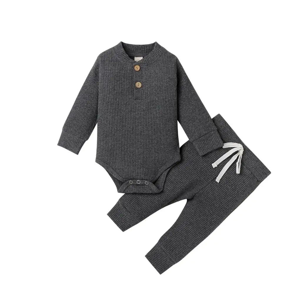 Infant baby girl and boy spring autumn ribbed plaid solid long sleeve bodysuits with elastic pants 2-piece outfit by I YAN