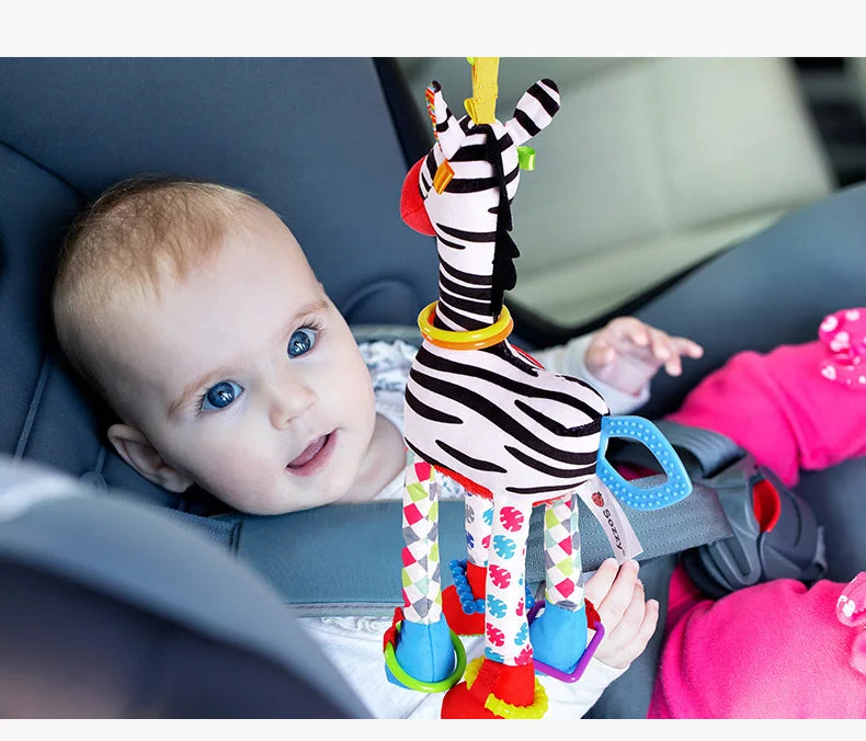 Soft plush giraffe and zebra handbell rattles with teethers, ideal infant baby development toys for newborns by I YAN.