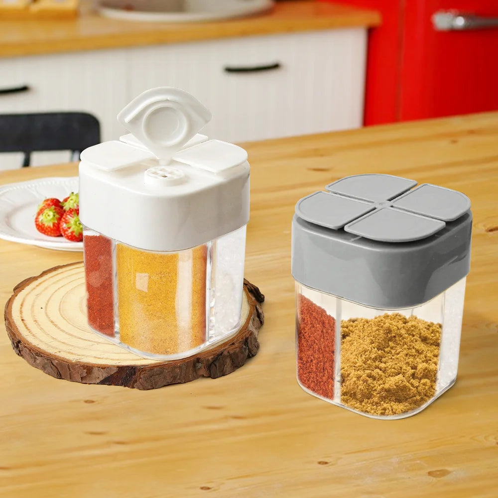 4in1 Camping Seasoning Shaker Multi-Purpose Spice Jar with Lid 4-Compartment For Outdoor BBQ Cooking Salt Pepper Storage Box