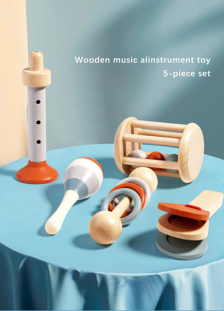 I YAN 5-piece baby musical instrument set with sensory rattles and percussion toys for early learning and sensory development.