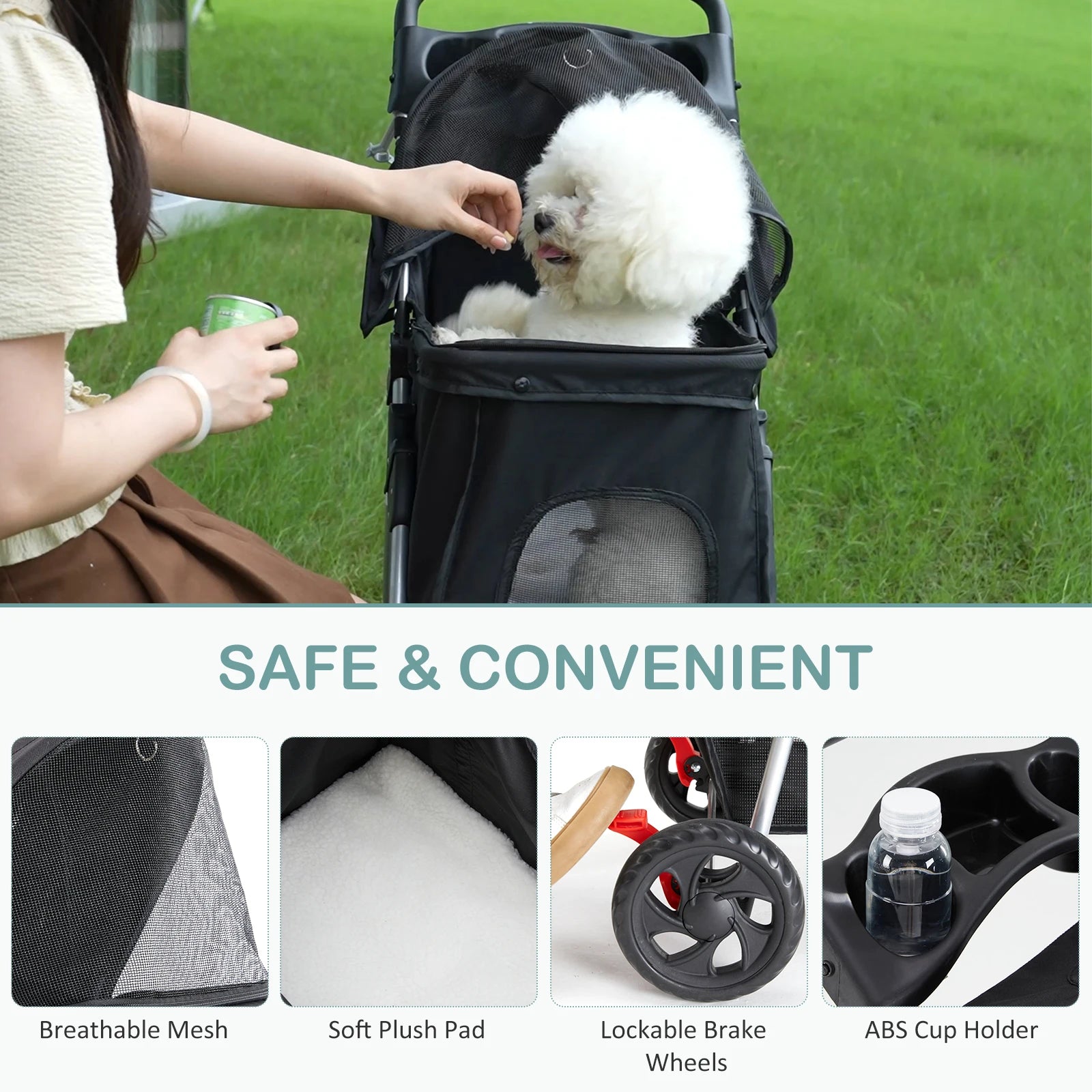 I YAN JHK 3 Wheels foldable pet stroller with mesh windows, storage basket, and cup holder for small dogs and cats outdoor use