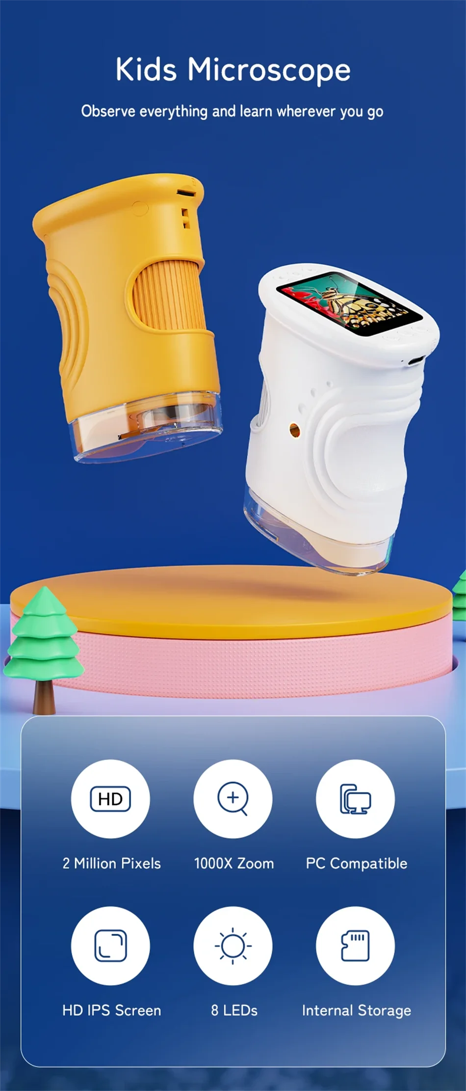 1000X Handheld Microscope for Kids 2.0" Screen Rechargeable Mini Pocket Digital Microscopes Portable Edu Gift Children Students