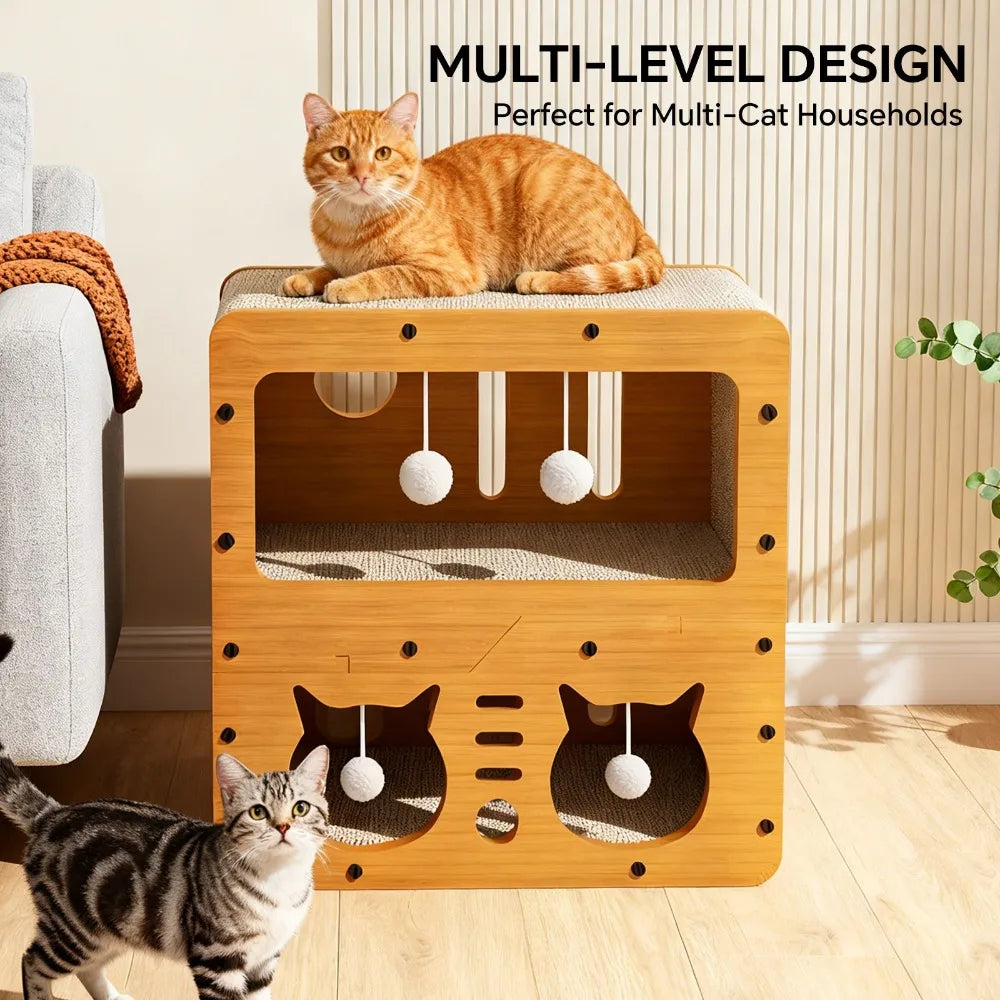 Two-story I YAN cat house with cardboard apartment, scratch pads, ball toys, and lid, designed for indoor cats and room decor.