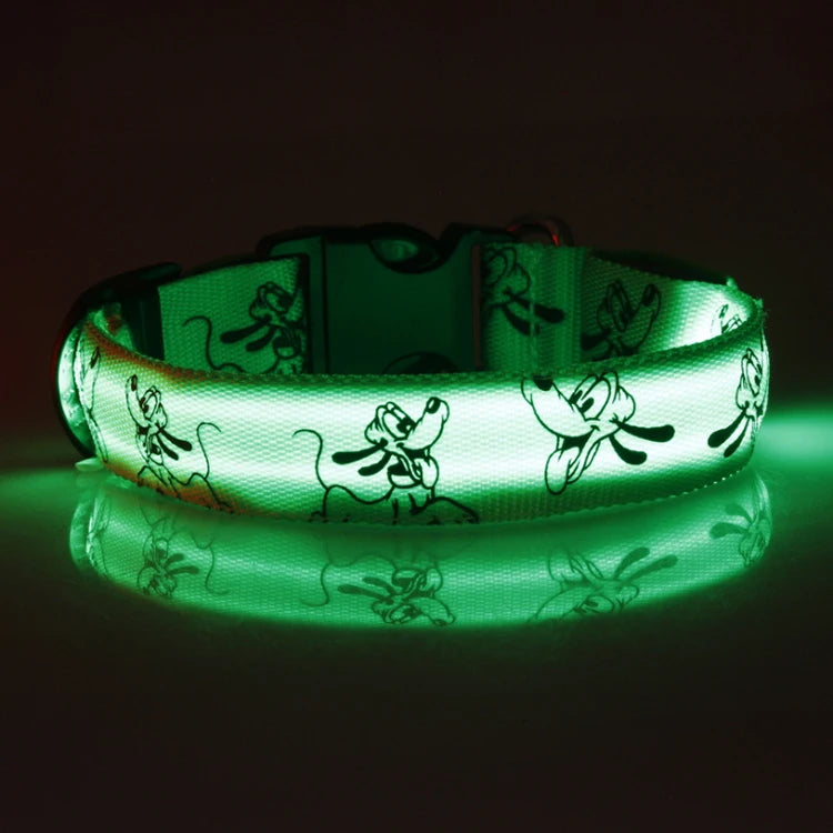 Bright LED dog collar by I YAN with glowing luminous nylon design for nighttime visibility and pet safety.