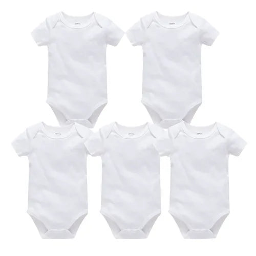 Set of three solid white cotton baby bodysuits for boys and girls, short sleeve, from I YAN for ages 0-24 months, newborn jumpsuit.