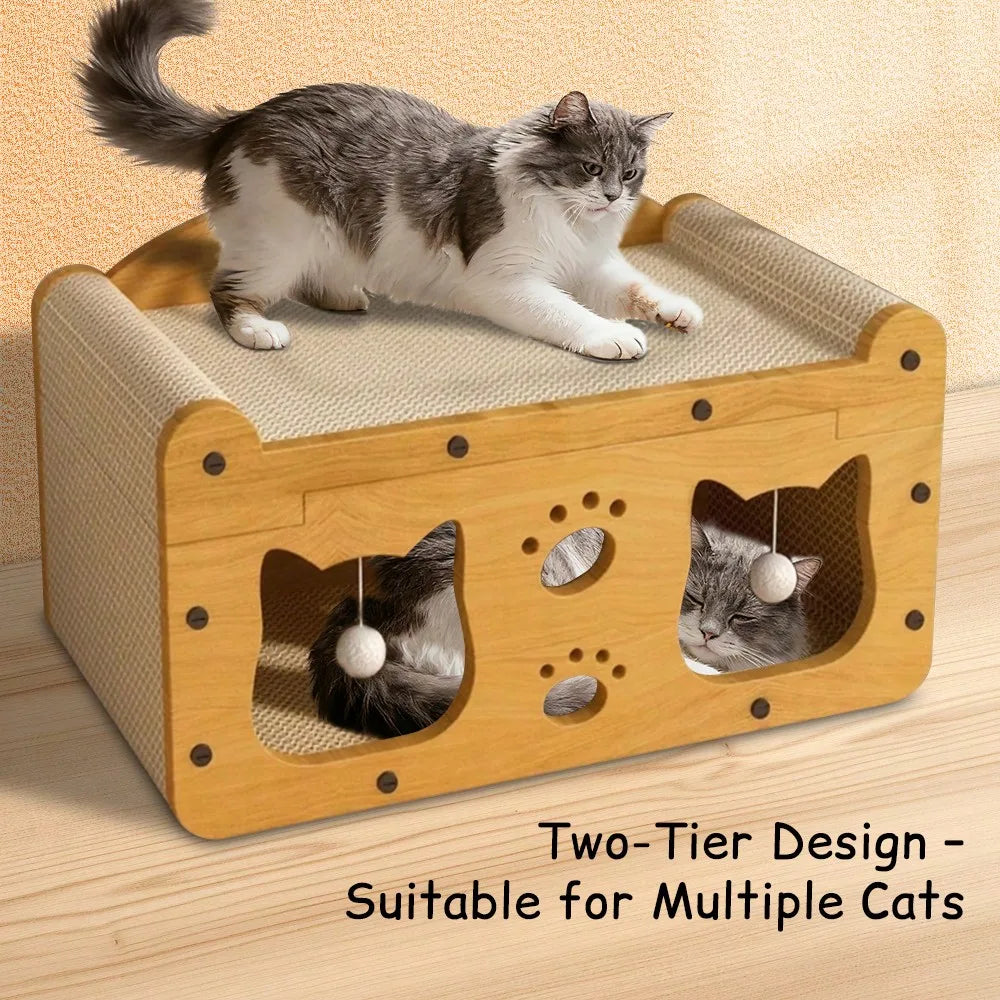 I YAN 2-in-1 double-layer cat scratcher lounge with cardboard hideaway and colorful pom-pom toys for cats to scratch and play.