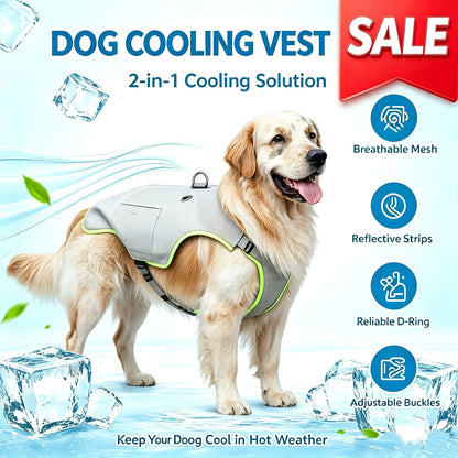 Dog cooling vest by I YAN with two gel ice packs, designed for S, M, L dogs, features evaporative and ice pack cooling functions.