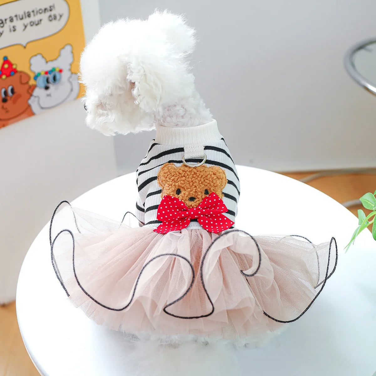 Winter Pricess Dresses for Small Dog Girl Stripe Sweater Tutu Skirt Bear Bowknot Pet Costume Cat Apparel Fancy Dog Party Outfit