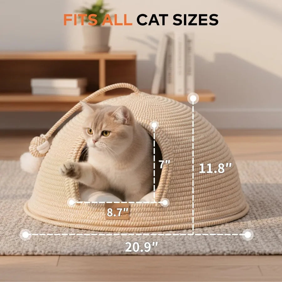 Cat Cave Bed with Cushion, 21*21in All-Season Large Cats House Tent with Toy Ball for Indoor