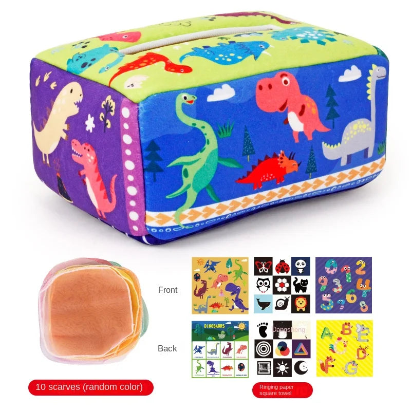 Baby Montessori magic tissue box sensory learning toy by I YAN, featuring colorful, textured tissues for fine motor skill development.