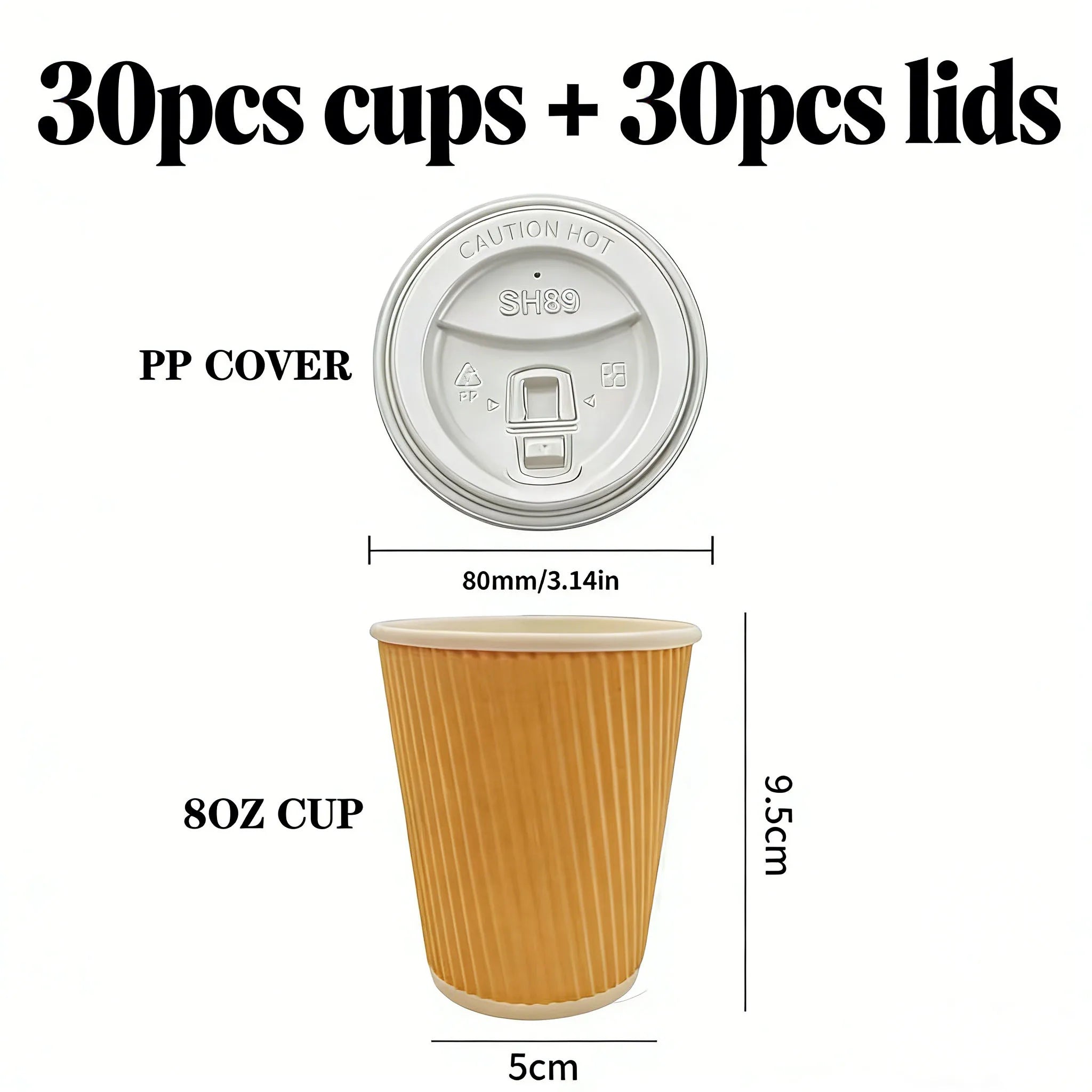 30pcs 8oz  Double-Walled Insulated Corrugated Cardboard Coffee Cups Thickened Disposable Striped Portable Paper Cups With Lids