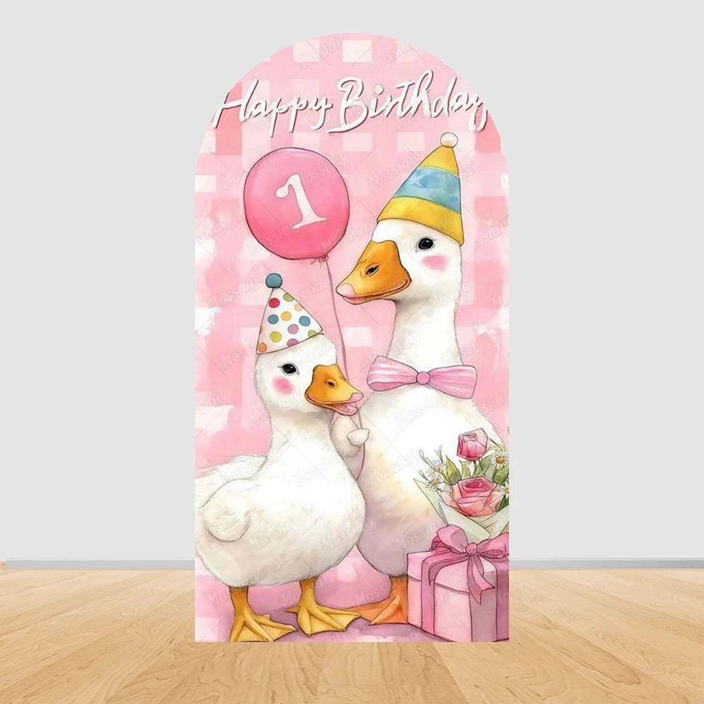 Cartoon Big White Goose Pink Bow Arch Cover Backdrop Children Baby 1st Birthday Party Baby Shower Decor Background Double-Sided