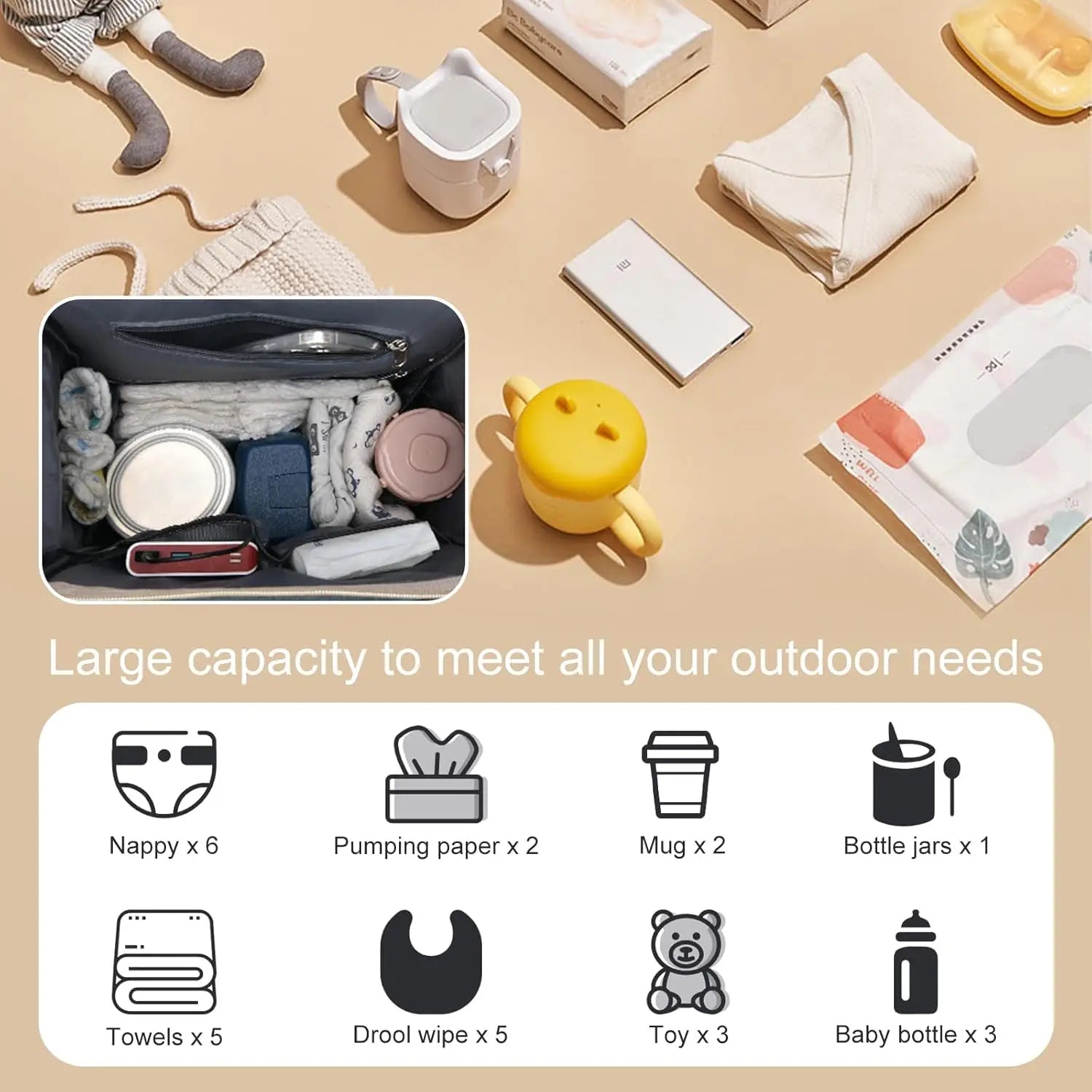 Baby Changing Nappy Bag with Changing Mat Large Capacity for Mum Waterproof Portable Backpack Foldable Bed Stroller StrapsTravel