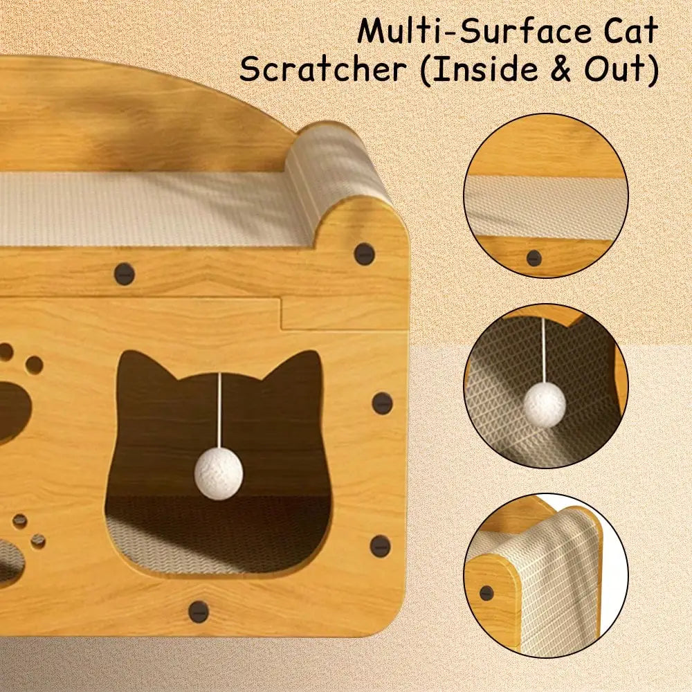 I YAN 2-in-1 double layer cat scratcher lounge with cardboard hideaway and colorful pom pom toys for cats.
