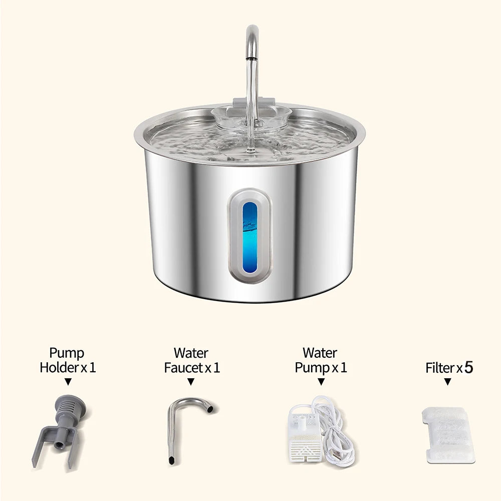 2.2L Portable Stainless Steel Pet Water Fountain - Ultra Quiet & Rechargeable Cordless Water Dispenser