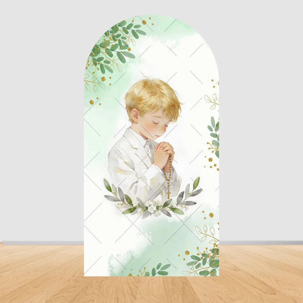 First Holy Communion Arch Backdrop Cover Boys Girls Christening God Bless Cross Green Leaves Decor Backgrounds for Photographs