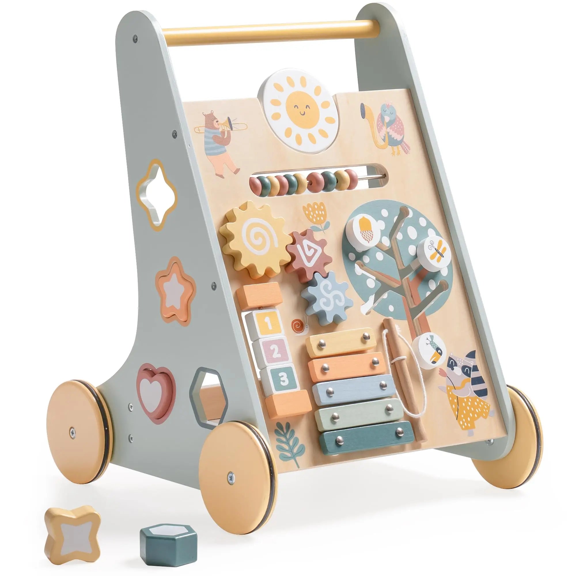 I YAN ROBOTIME ROBUD wooden baby walker with activity center, storage, Montessori design for boys and girls, toddler push toy