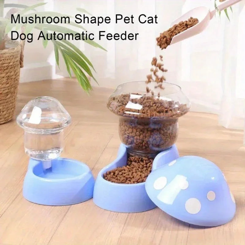 I YAN automatic cat feeder with water dispenser and mushroom-shaped bowl, large capacity pet food and water storage device.
