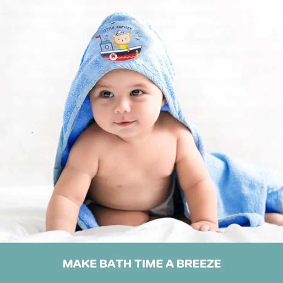 Blue hooded bath towel and three soft terry washcloths set for newborns, I YAN baby essentials, gentle and cozy for newborns.