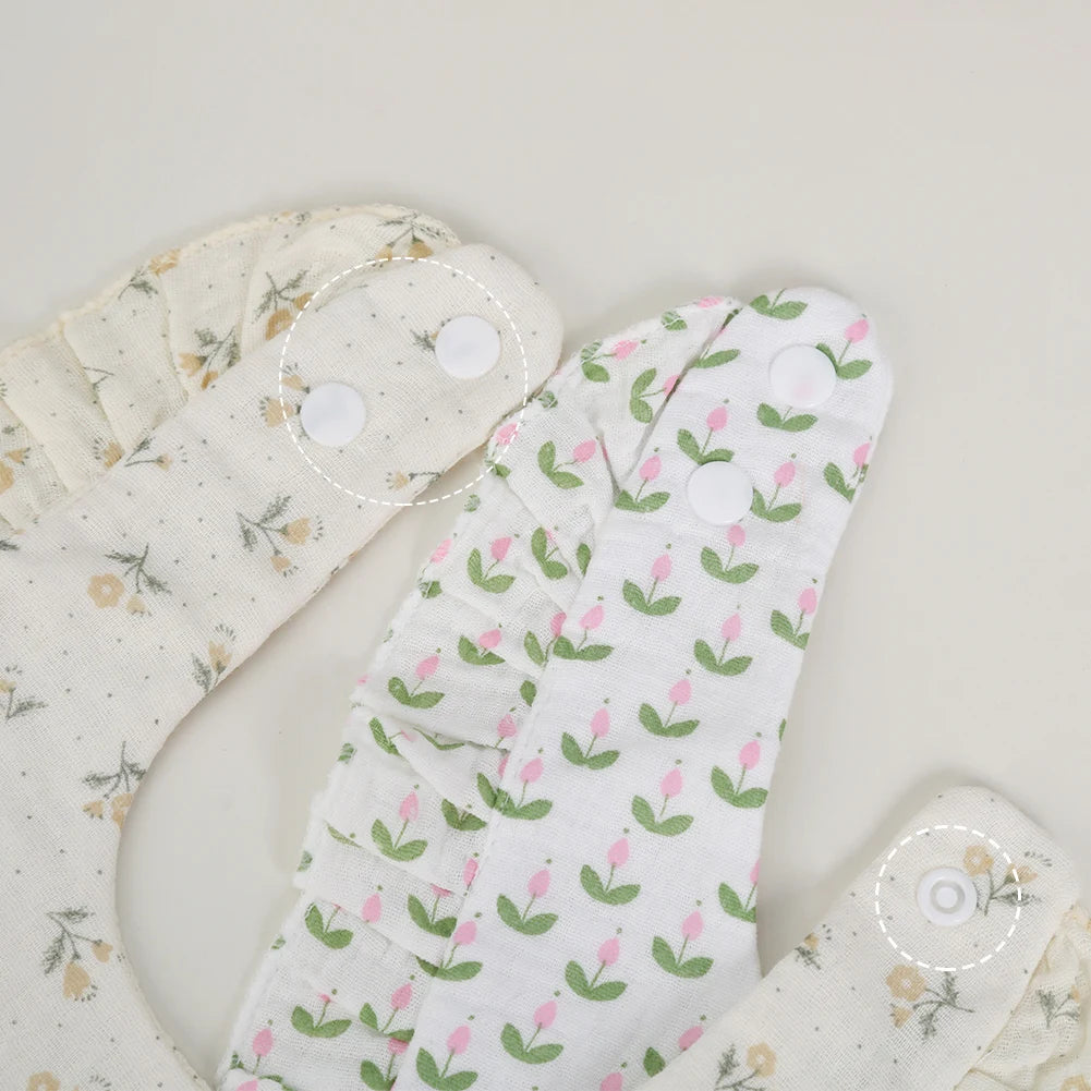 Flower Print Baby Bibs Adjustable Snap Saliva Towel Ruffled Edge Muslin Cotton Burp Cloths Rainbow A Grade Girls Feeding Scarf