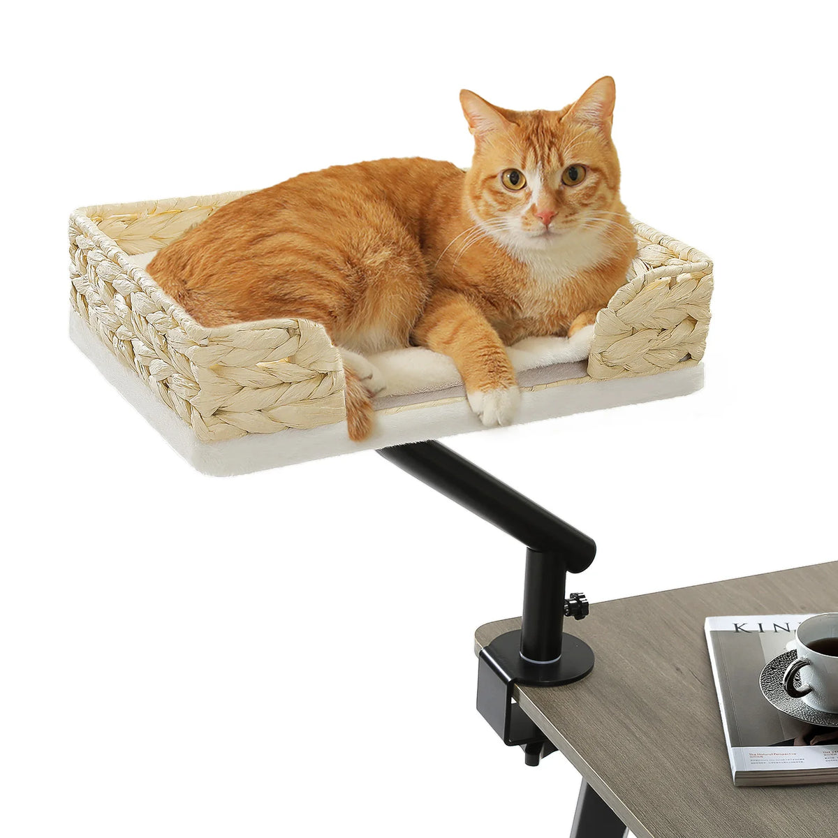 I YAN cat desk bed with 360° rotatable stand, soft hammock, and adjustable basket for indoor cats on a table.