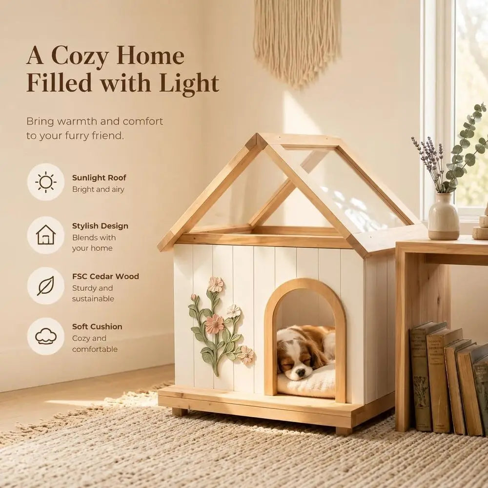 Indoor sunlit dog house by I YAN with handcrafted carvings and ultra-soft bed mat for small dogs, featuring detailed woodwork and cozy interior.