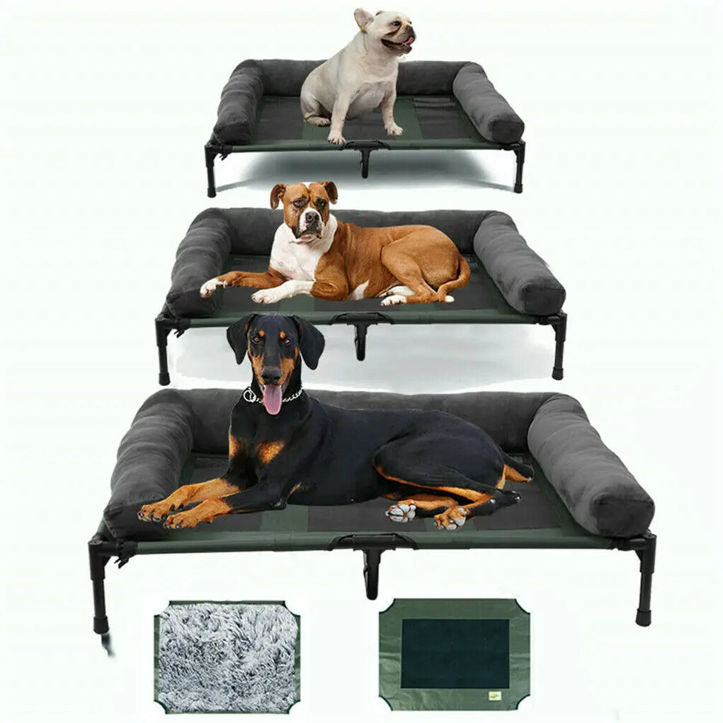 I YAN L-2XL outdoor indoor elevated dog bed with cooling mesh, plush bolster, breathable fabric, and raised design for large dogs.