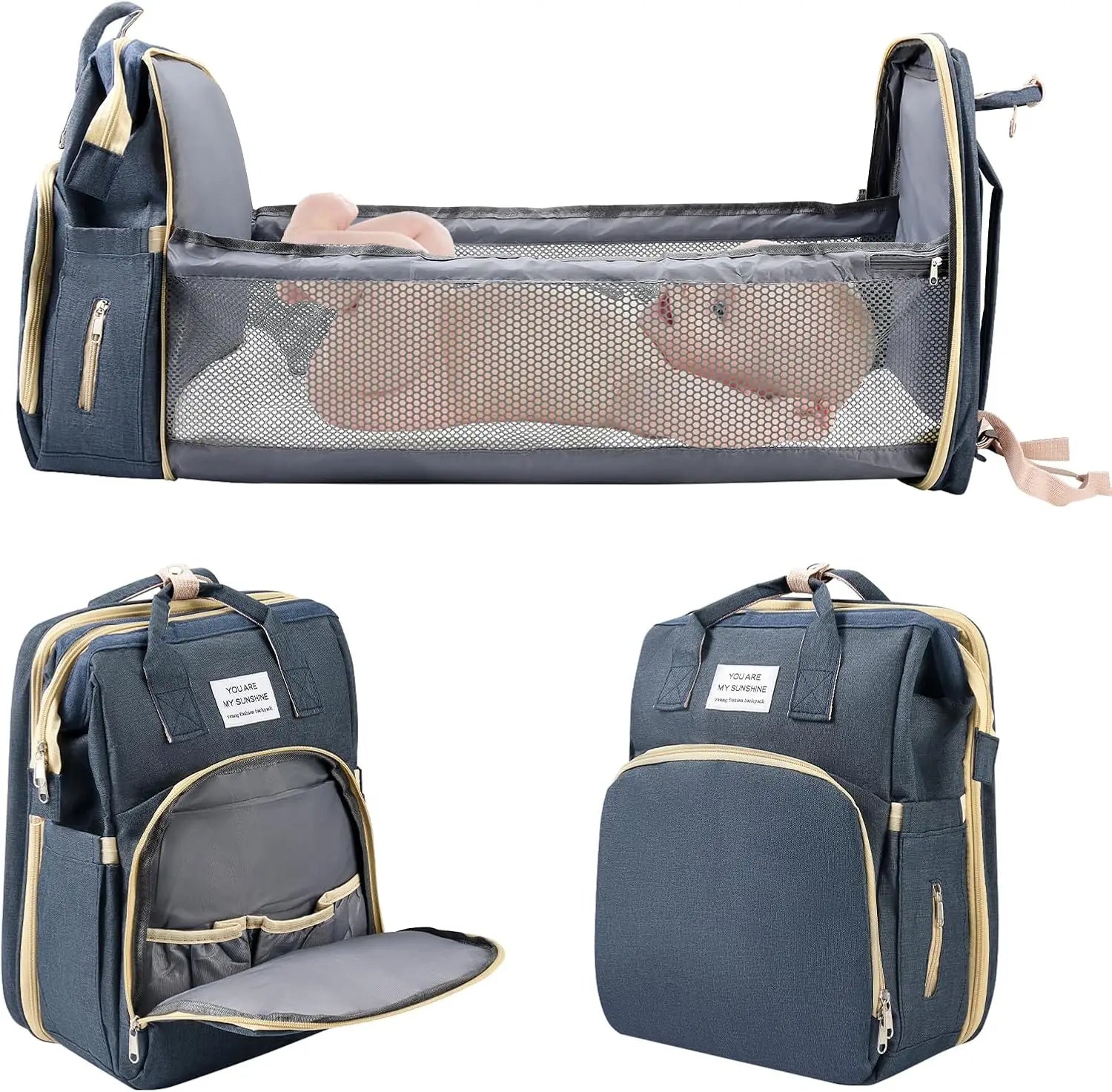 Baby Changing Nappy Bag with Changing Mat Large Capacity for Mum Waterproof Portable Backpack Foldable Bed Stroller StrapsTravel