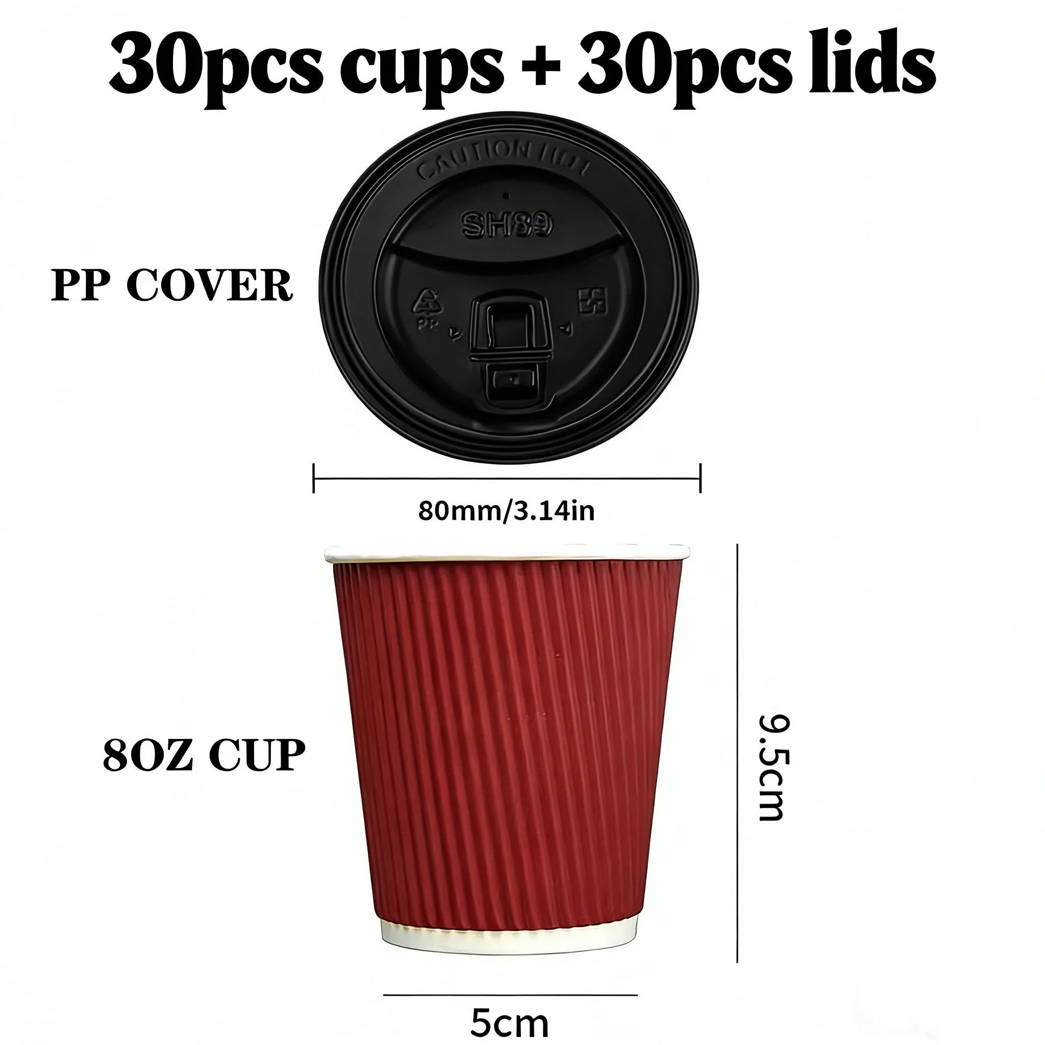 30pcs 8oz  Double-Walled Insulated Corrugated Cardboard Coffee Cups Thickened Disposable Striped Portable Paper Cups With Lids