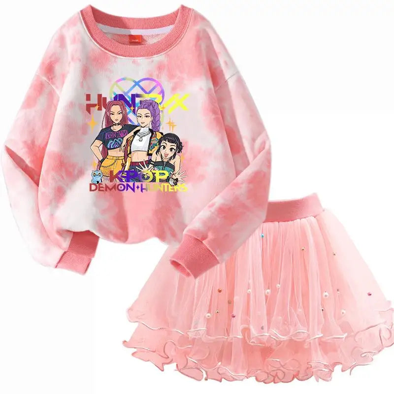 K-Pop Hunters Zoey Mira Rumi Children Sweaters Girls Tie-dye Sweatshirt Pink Pullovers Kids Tops Tulle Princess Dresses Suit