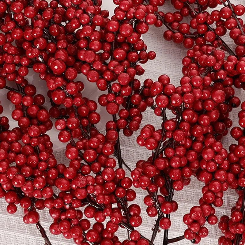 1/60PCS Christmas Red Berries Branch Artificial Holly Berry Stamen Flowers Wreath for Tree Ornaments New Year Party Home Decor