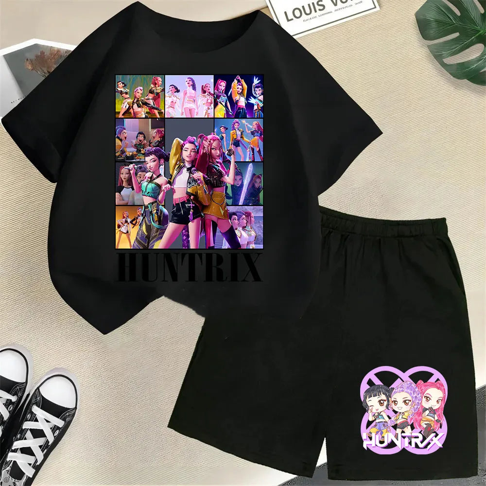 KPop Demon Hunters Saja Boys Kids T-Shirt – Cartoon Print Round Neck Casual Top (2pcs Set) - I YAN