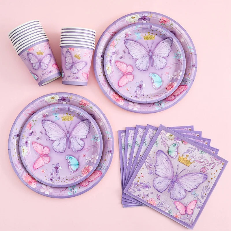 Butterfly Birthday Party Decoration Kids Girls Butterfly Party Disposable Tableware Paper Cup Plate Birthday Baby Shower Party - I YAN