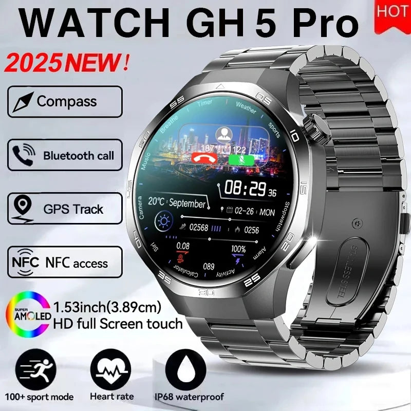 Watch 5 Pro GPS Track Compass Smart Watch Men 360*360 AMOLED Screen NFC BT Call Waterproof Health Monitor Man Smartwatches