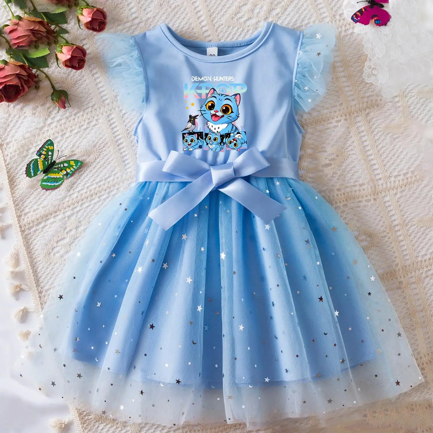 K-Pop Hunters Zoey Rumi Girls Sequin Tutu Dress with Bow Flutter Sleeves Summer Princess Party Outfit for Toddler Kids 2-6 Years