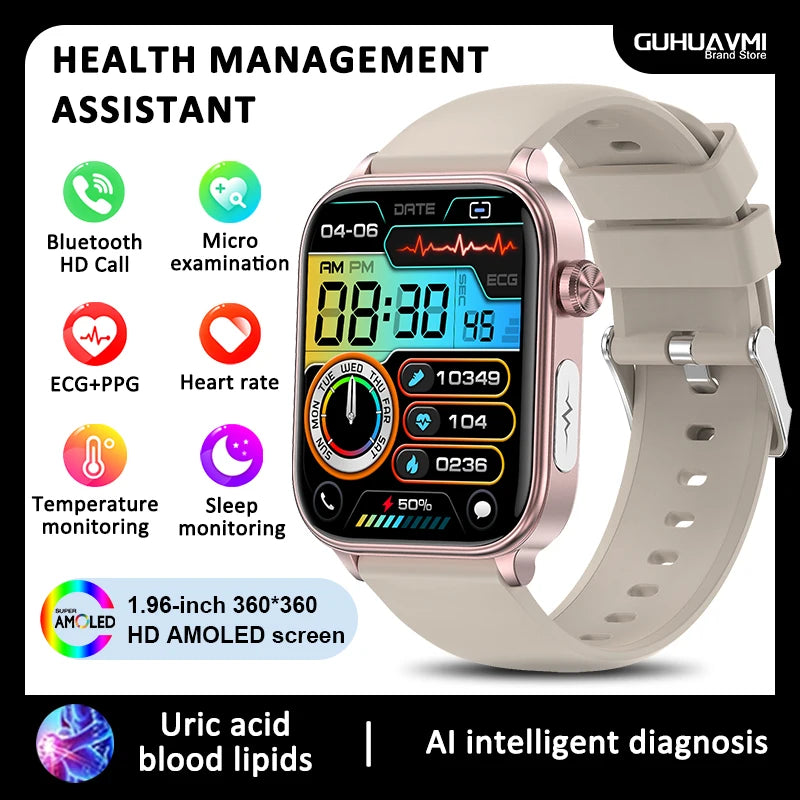 2026 New Blood lipids Uric Acid testing Smart Watch Men ECG+PPG Blood Pressure blood oxygen Bluetooth Call Health smartwatch iOS