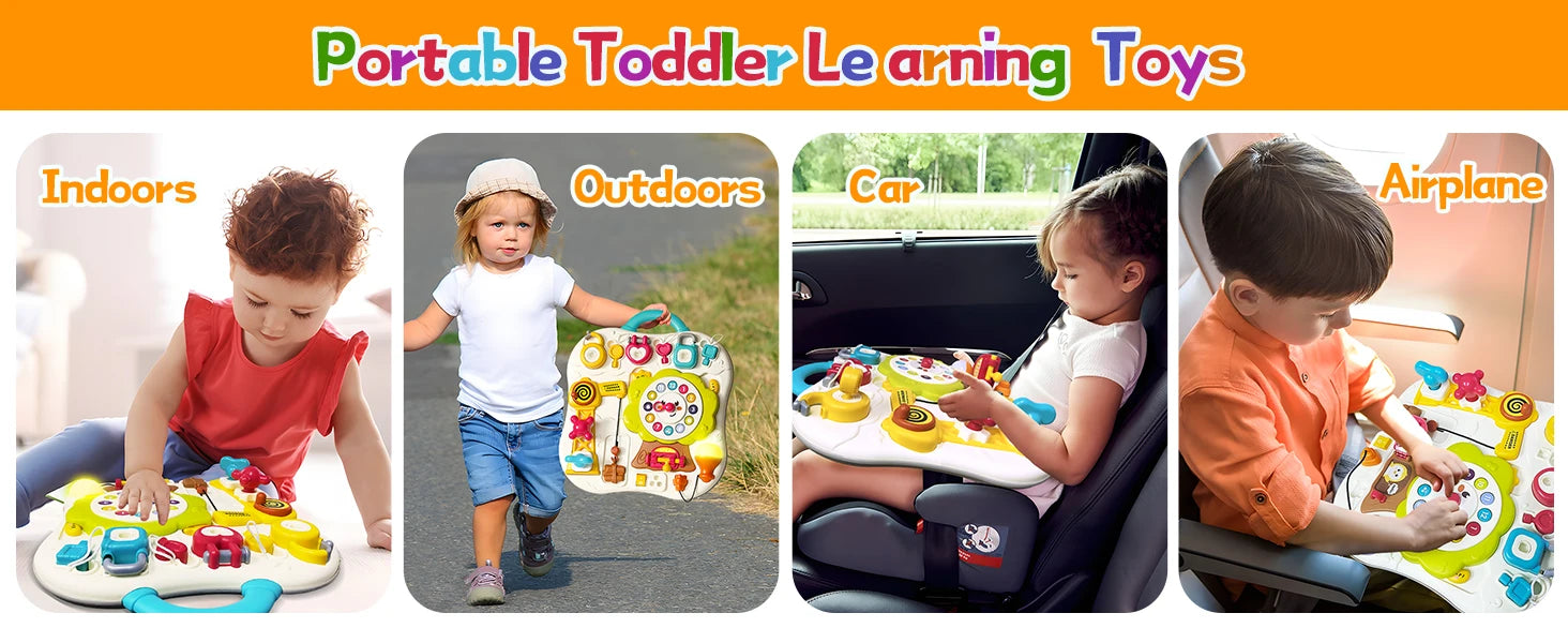 I YAN Montessori busy board for toddlers with sensory activities, music, LED lights, and travel-friendly design for 2+ year old boys and girls.