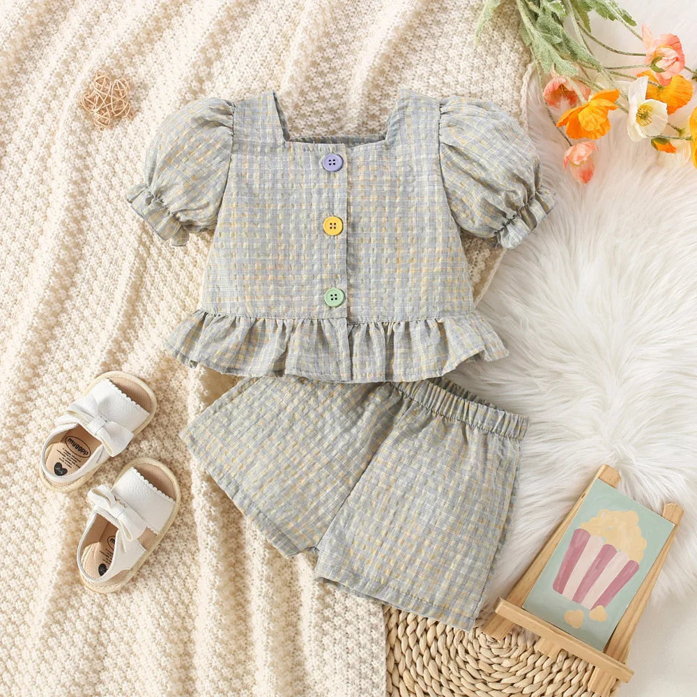 I YAN baby girl summer 2-piece set with plaid bubble sleeve top and matching shorts, adorable princess style for ages 0-3 years