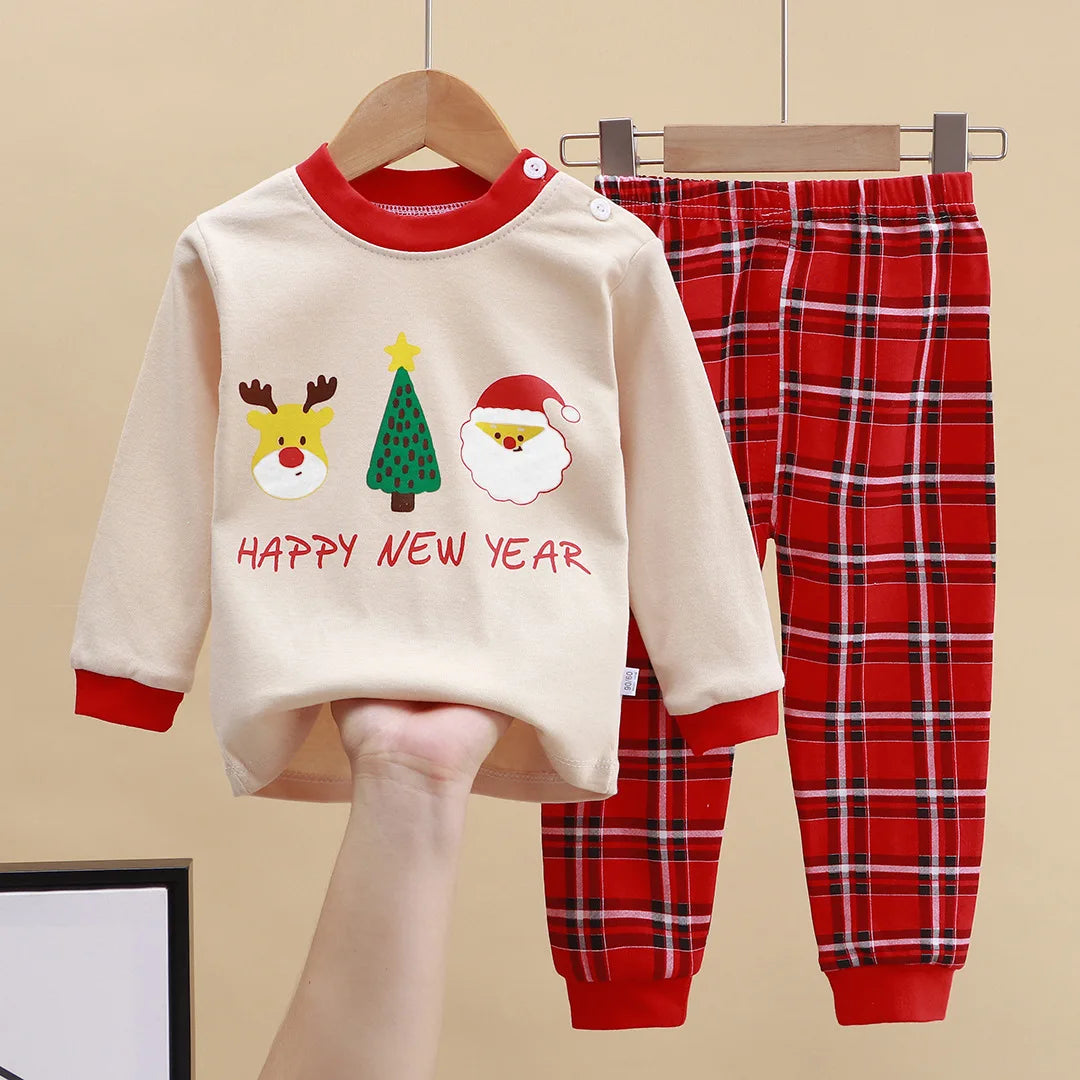 2025 Autumn Christmas Kids Cotton Pajama Set Long Sleeve Thermal Underwear for Boys and Girls Baby Homewear Clothes