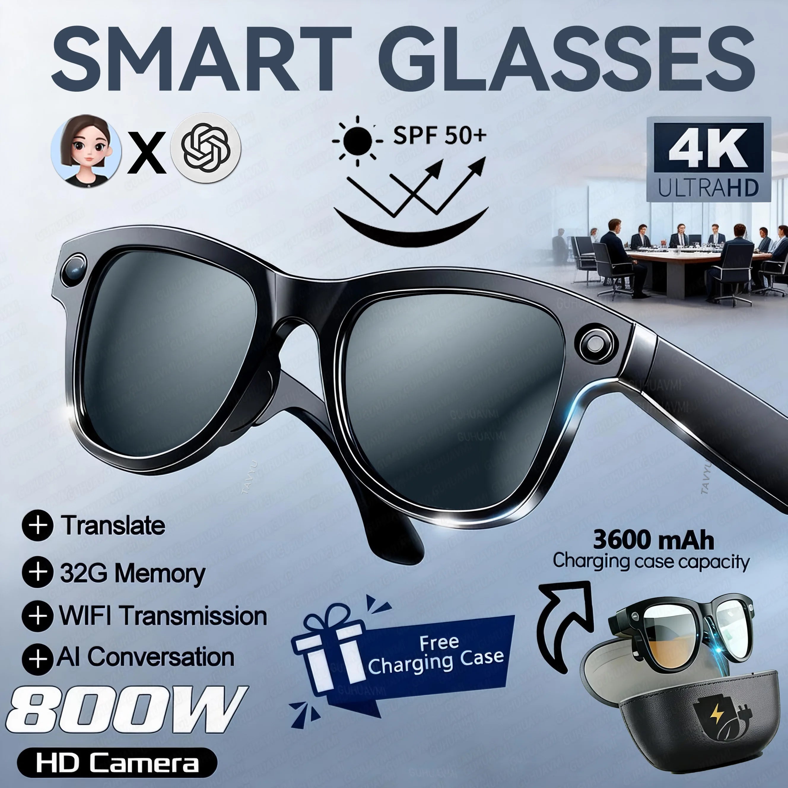 2026 Smart AI Glasses 4K 800W Camera 3600mAh Power Bank 32GB Memory 120+ Translation ChatGPT Music Photos &Video Sunglasses Men