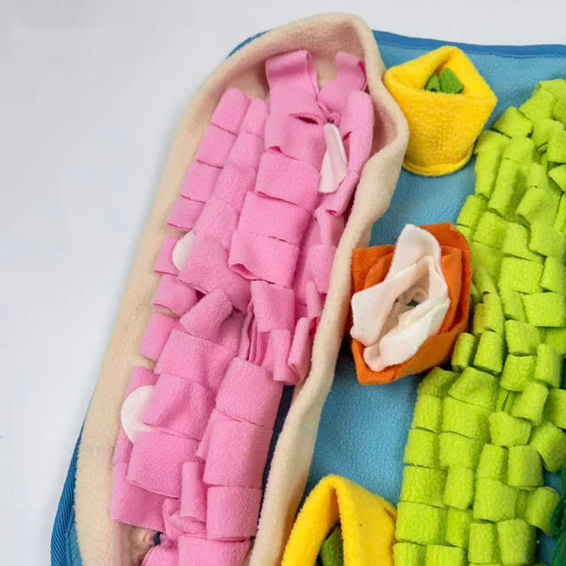 Interactive pet snuffle mat by I YAN, washable puzzle feeding rug designed to entertain and soothe dogs.